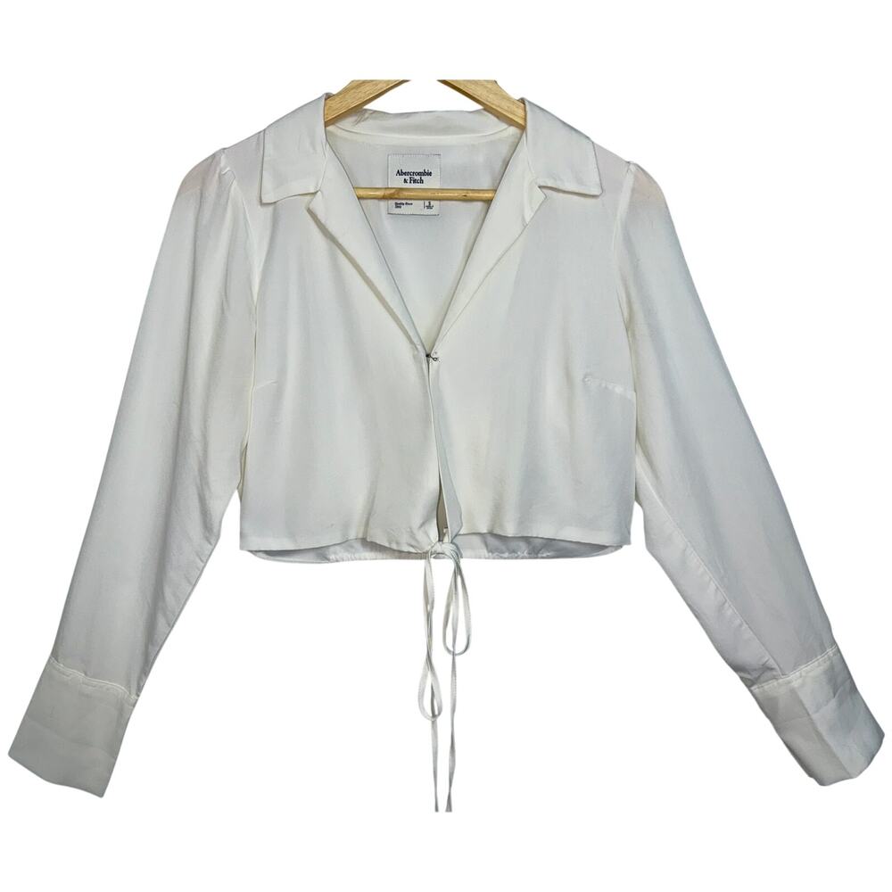 Abercrombie & Fitch White Collared Tie Front Long Sleeve Crop Top Blouse Size S